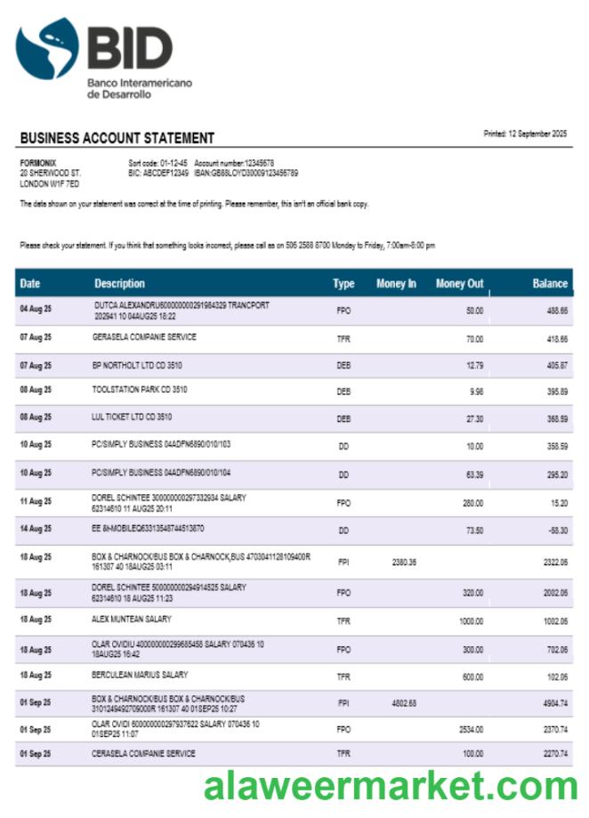 Ecuador Banco Interamericano de Desarrollo (BID) firm account statement Word  and PDF format